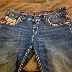 Rock Revival Jeans, Size 31, Blue, Straight Cut, Arisa, leather detail